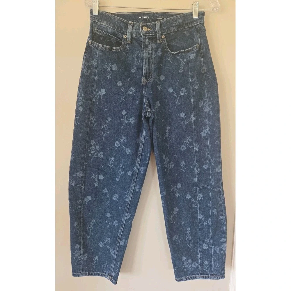 Old Navy High-Waisted Baggy Barrel Ankle Jeans Floral Denim Women's Size 4